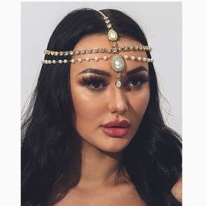 Greek Goddess GOLD Head Chain Jewelry with Aukmla Rhinestones and Faux Pearls